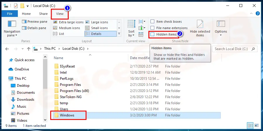 Navigate to the Windows folder, if it’s not visible, go to view option as shown in the image. From the list of options, uncheck the hidden items option. Now, you can see Windows folder on local disk c:\.