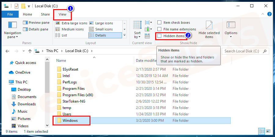 Navigate to the Windows folder, if it’s not visible, go to view option as shown in the image. From the list of options, uncheck the hidden items option. Now, you can see Windows folder on local disk c:\.