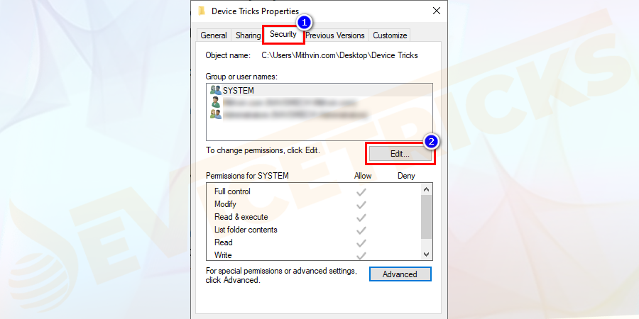 Under properties, window select the Security tab. And In the Security tab click on the Edit button to have access to edit file permission. 