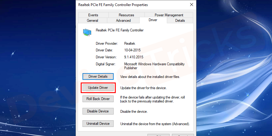 Select the option, Update Driver Software.