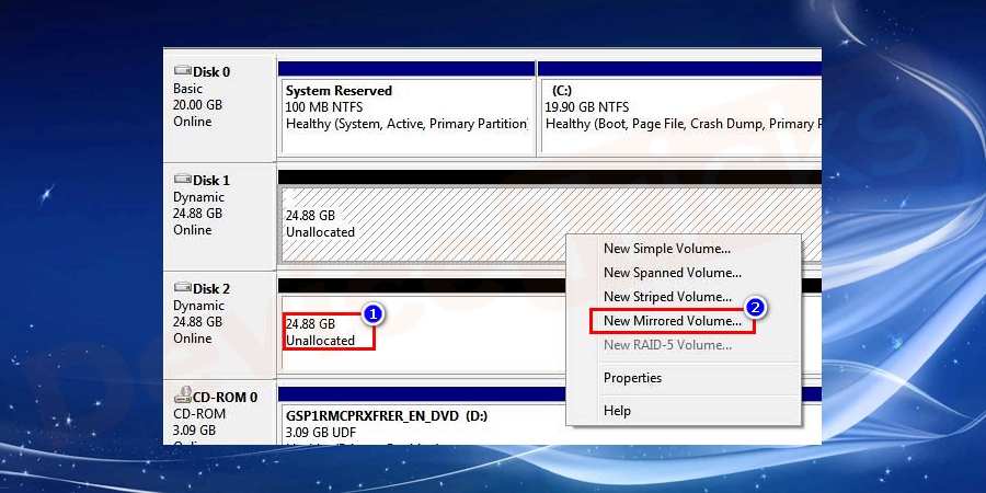 You will have access to the storage branch. Now select the unallocated disk and then right-click on it and choose New Mirrored Volume.
