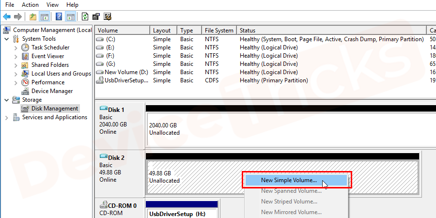 Right-click on the unallocated space and choose to create New Simple Volume.