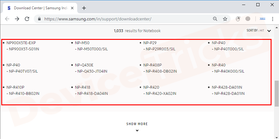 After selecting the device, select the Model of the device you are using.