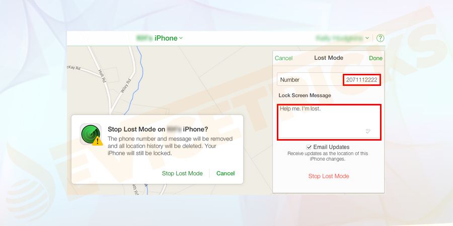 On the next screen of losing mode,  a message and number will be displayed on your iPhone.