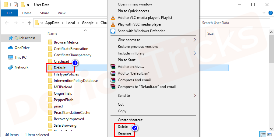 Once the user data window is open right-click on the "Default" folder and select "Rename" or "Delete" option if your OK to lose all your preferences in Chrome.