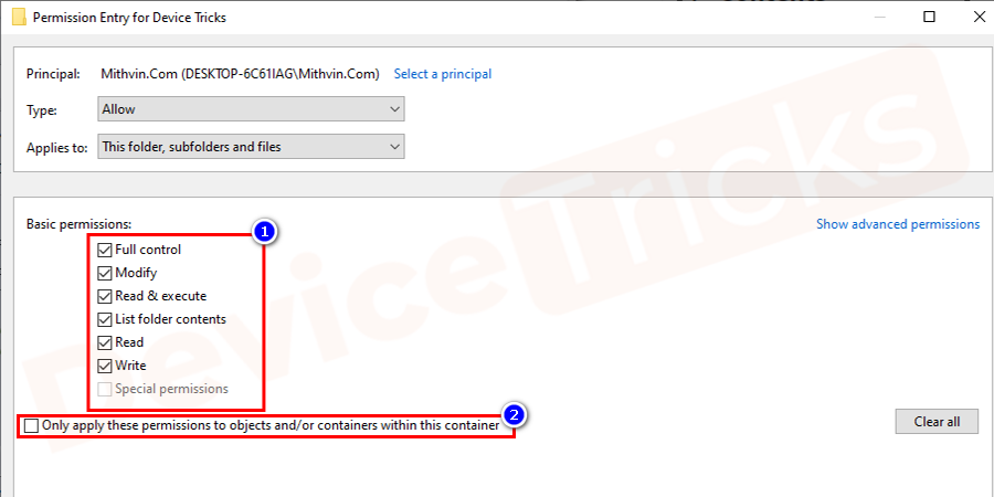 Checkmark Only apply these permissions to objects and/or containers within this container and click OK.