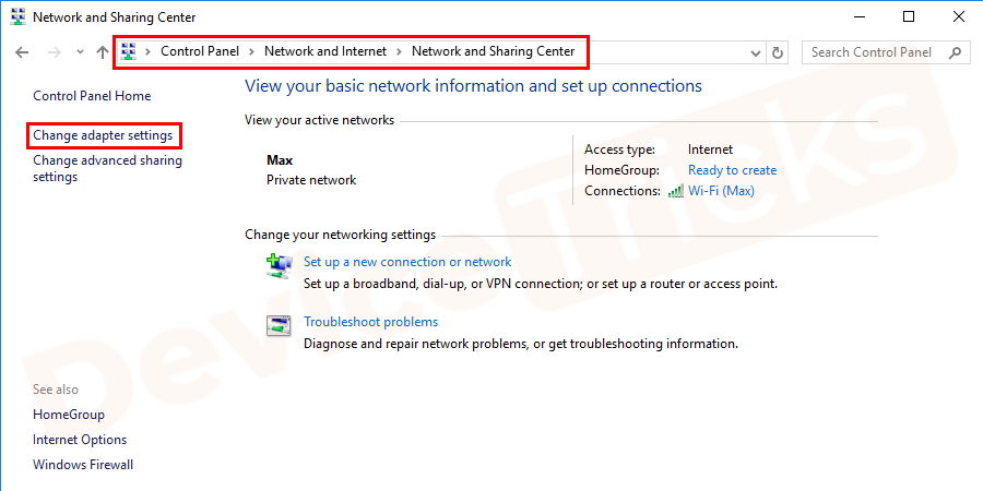 Form the left pane of the next page, choose Change Adaptor Settings.