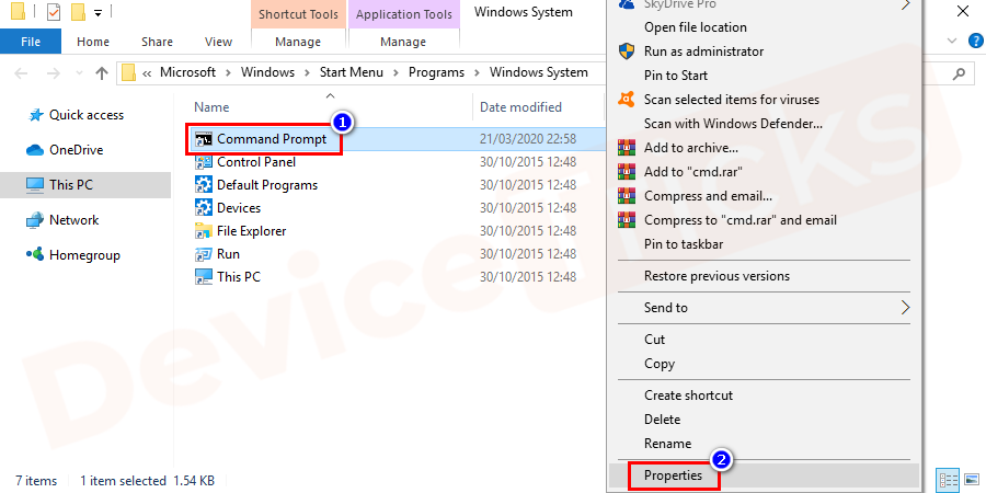 Now click the right button again on the Command Prompt option and then go to Properties section by choosing the option from the bottom of the drop-down list.