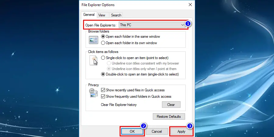 Open the File Explorer options as done in previous steps and set the Open file explorer to This PC and click OK and Apply button to save the changes to fix Windows File Explorer keeps crashing