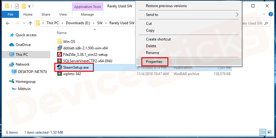 Right-Click on the exe.file and select properties.