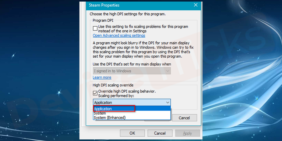 After clicking on the checkbox, the drop-down menu will be activated and from the same, select ‘Application’.