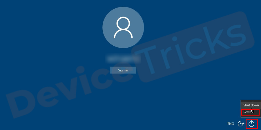 If your computer is ON, then you will find the power options apart from the error. Now, press and hold the ‘Shift’ key and then click on the Power menu and from the listed options, select ‘Restart’.