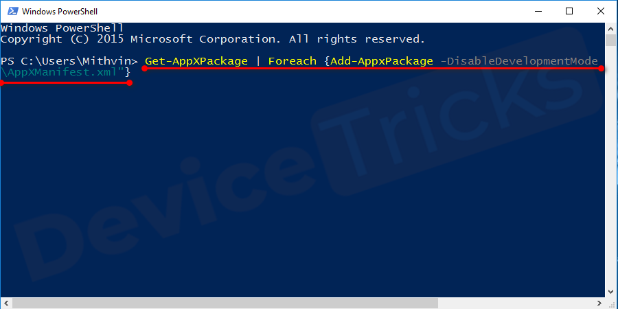 Once the Window is open type the following command, Get-AppXPackage | Foreach {Add-AppxPackage -DisableDevelopmentMode -Register "$($_.InstallLocation)\AppXManifest.xml"}