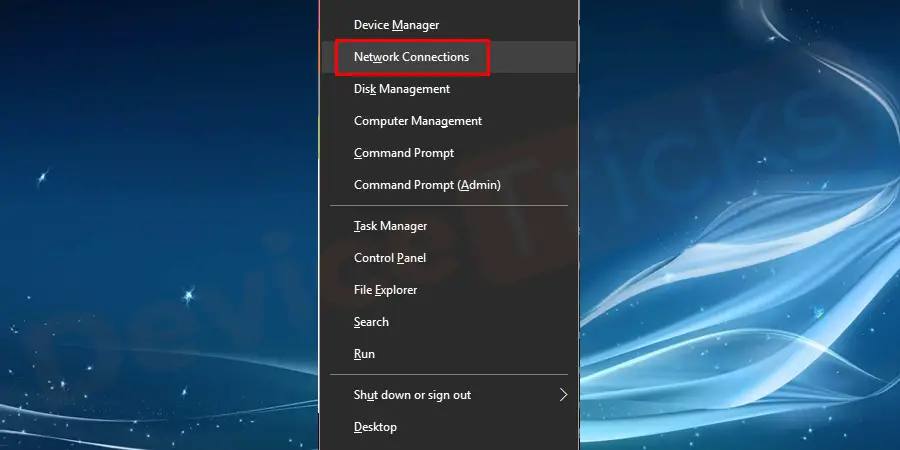 Press Windows+X keys. A Power User Menu will open and choose Network Connections from the menu.