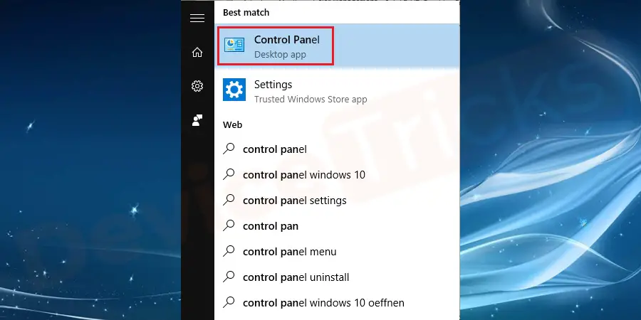 First and foremost, you need to open the ‘Control Panel’. To open the control panel, click on the ‘Start’ menu and type ‘Control Panel’.  You can also use the short keys “Win+x” and then choose Control Panel or press “Win+I” to directly see the Control Panel in the list.