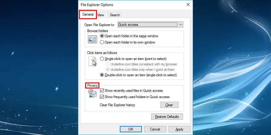 open the File Explorer option as shown in the above steps and navigate to the privacy section in the General tab to fix Windows File Explorer keeps crashing