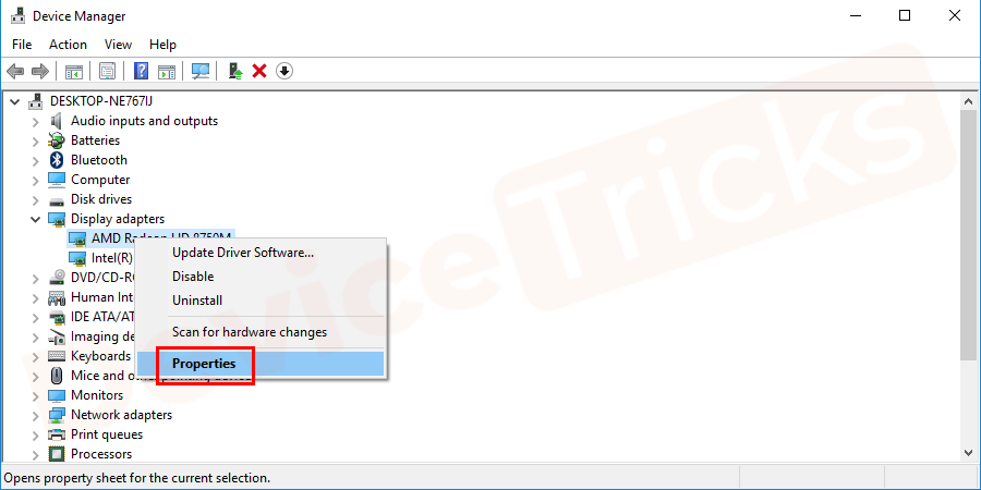 Select and open the Properties of the affected driver. You can also double-click to open the Properties menu.