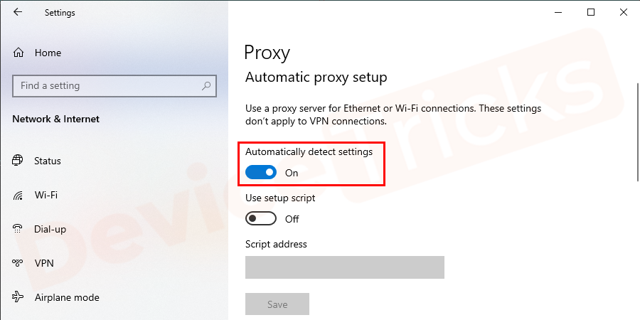Uncheck or turn off the radio button for Automatically detect settings.