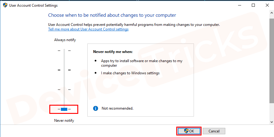 In the opened window, just pull down the slider at the extreme bottom and then click on the OK button to save the changes.