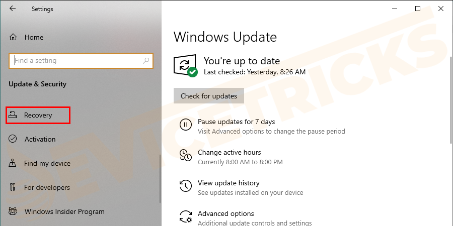 From the left pane of this Settings window click on a Recovery option.