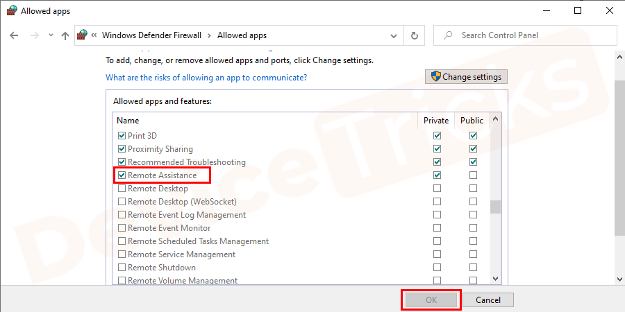 In the shown list search for Remote Assistance and ensure that it is marked checked. If it is not marked checked to click on Change settings and do the necessary changes. Press OK to save the changes.