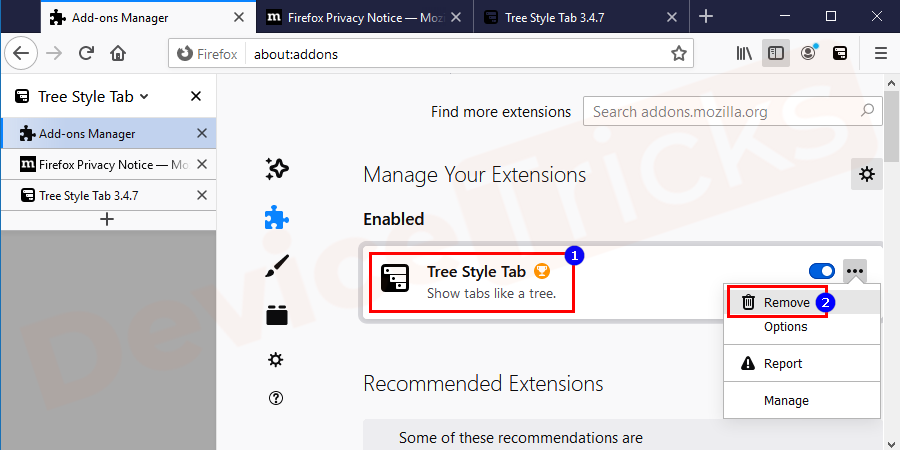Click on the extension on the left panel and locate the suspicious add-ons. Click on the remove button to delete it permanently.