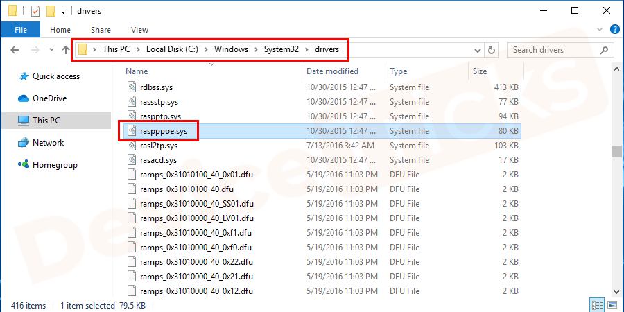 The location of the "Raspppse.sys" system file on Windows 7 is C:\Windows\System32\Drivers