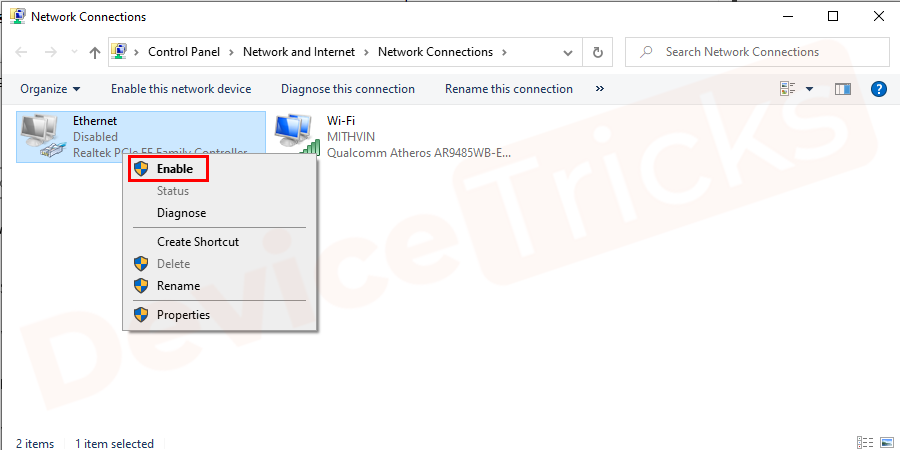 Next, follow the same procedure and choose Enable.