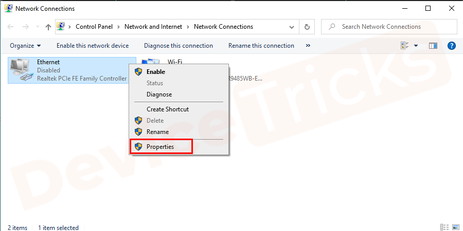 Again right-click on the internet connection and select Properties.