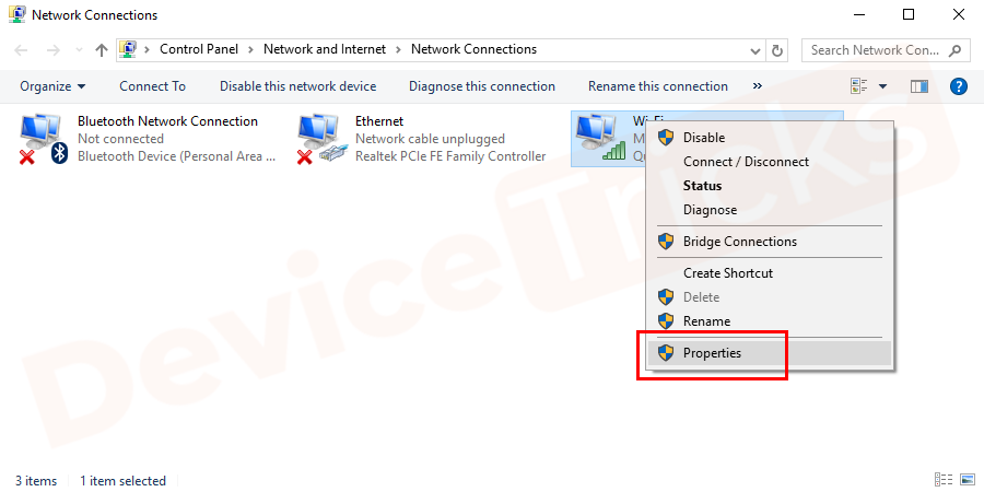 The whole network connection settings will open, identify your network adapter, Right Click it and Go to Properties.