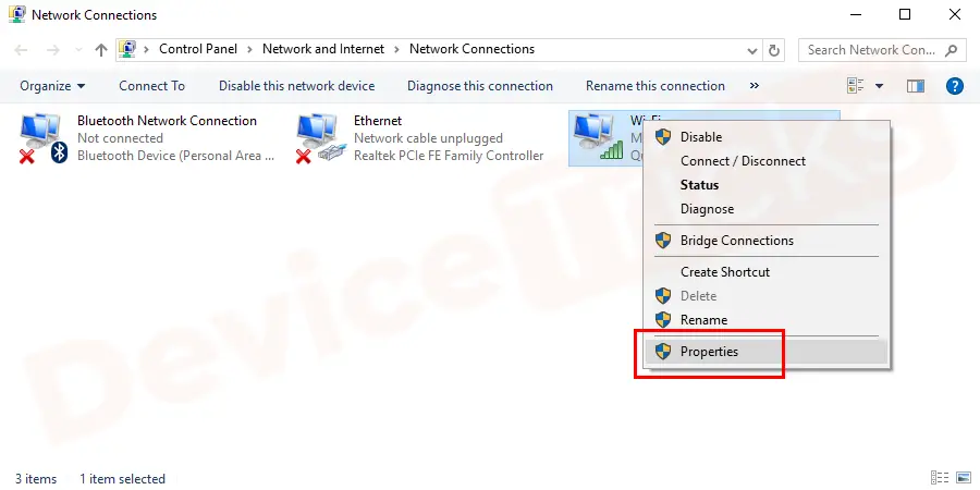 Right-click on your Network Adaptor and select Properties.