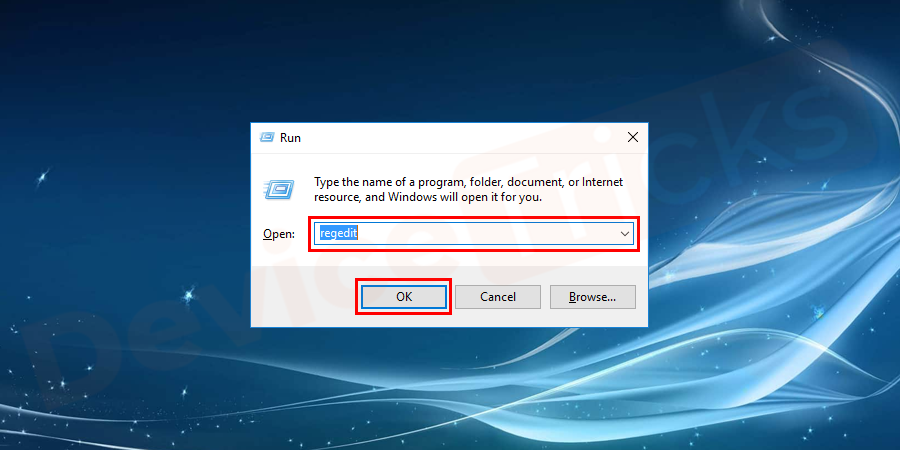 Press the Windows key and ‘R’ key together to open the ‘Run’ dialog box and type ‘regedit’ in the box and then click on the ‘OK’ button.