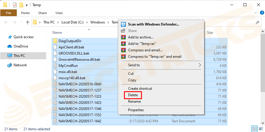 From the Temp folder select all the files by pressing Ctrl+A and right-click to select the Delete option.