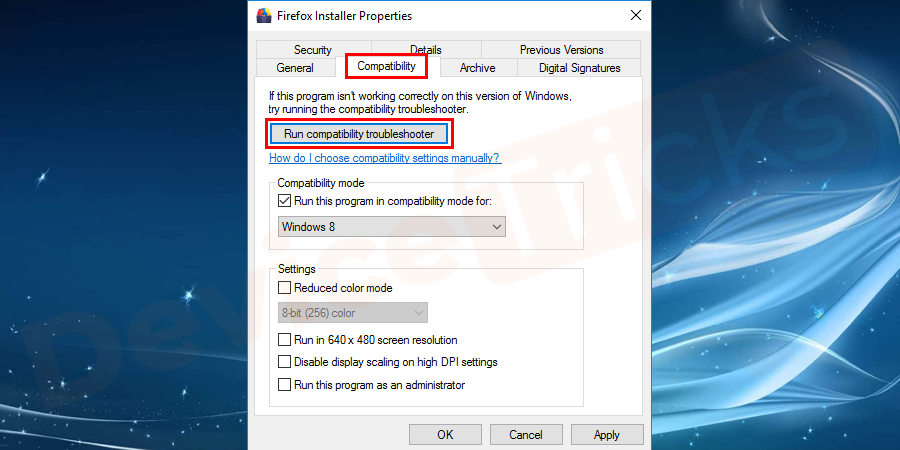 Click on the “Compatibility” tab. And then click on the “Run compatibility troubleshooter”.
