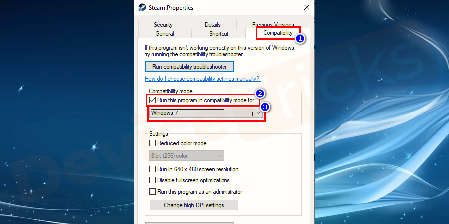 Head to the Compatibility tab and check the option for Run this program in compatibility mode.