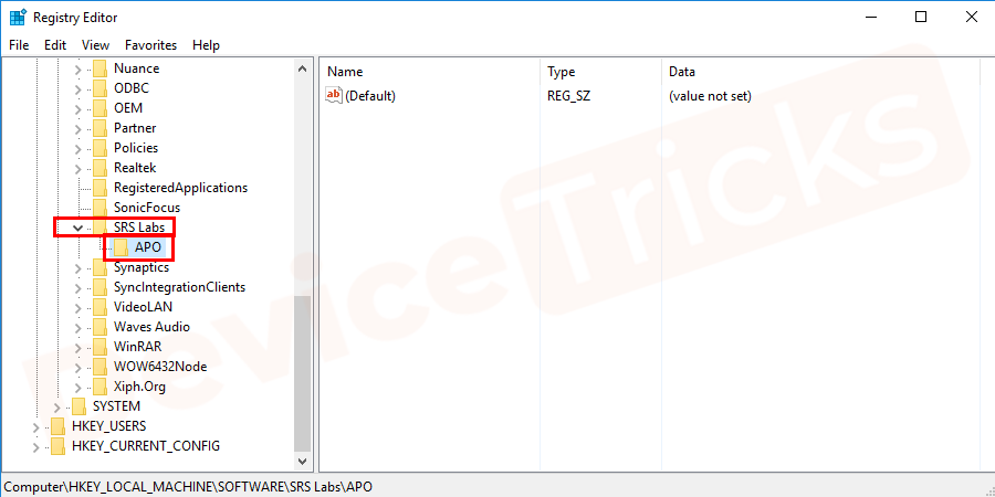 After adding the ‘SRS Labs’ right-click on it to add the sub-key naming APO