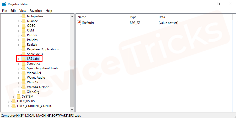 Kindly right-click and add a New Key renaming SRS Labs by selecting the New and Key option