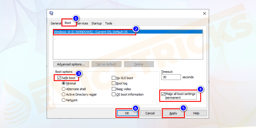 Go to the “Boot” tab and select the new entry you just created. And select “Safe boot” from the “Boot options” and select the Safe Mode type below it. Click on the “OK”, option.