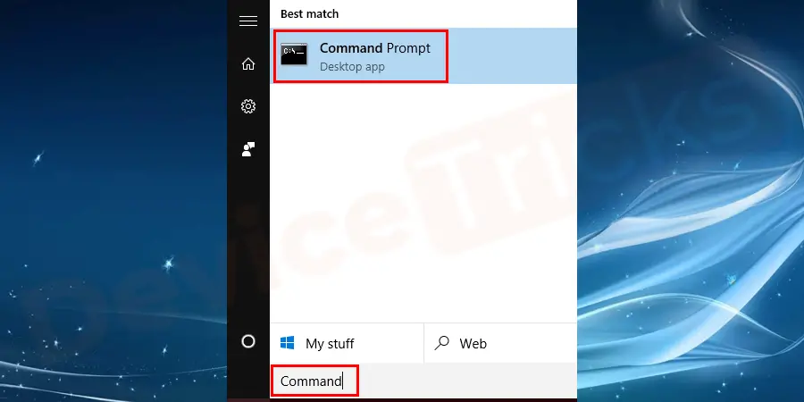 type command prompt in the search box