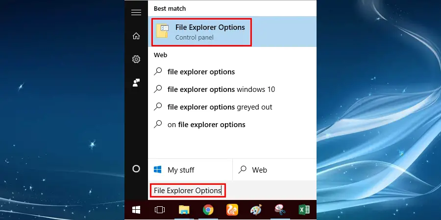 Search for File Explorer Option in the start menu and select to open the window to fix Windows File Explorer keeps crashing