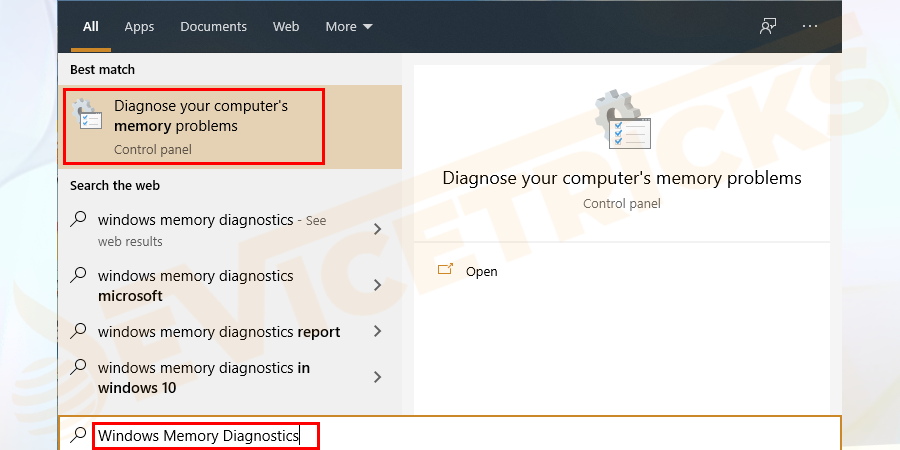 Search for Windows Memory Diagnostics in the Windows search box.