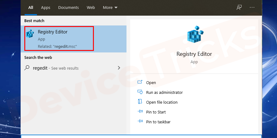 Click on Windows or start option which is present on the bottom–left corner of the screen. The menu will open–up. And then search for regedit on Windows and you will find the option on the top of the search results, click on that. A pop – up window will open and click on the Yes button to proceed.