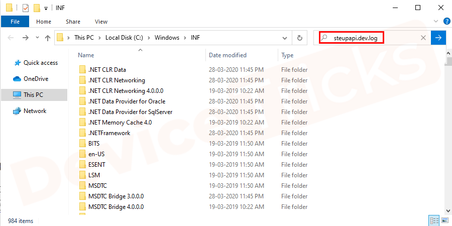 Search in the search box for steupapi.dev.log file and open it.