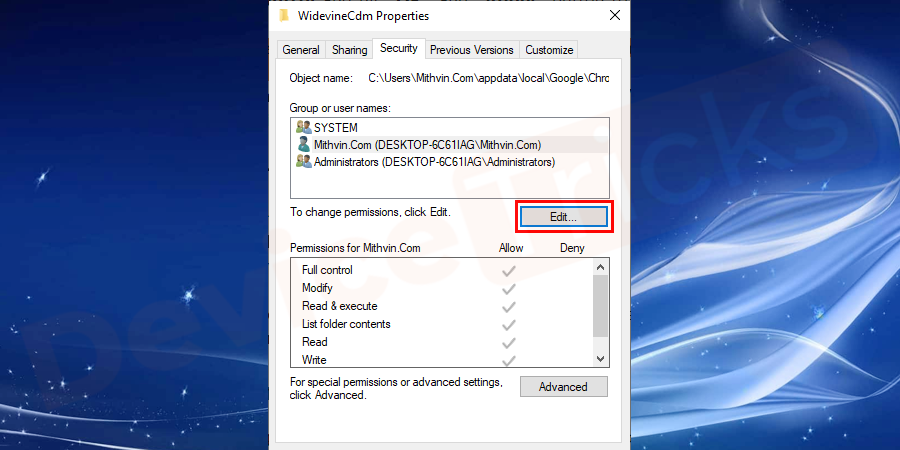 If the Full control box is unchecked click on the Edit button.