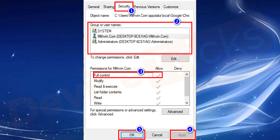 In the WidevineCdm properties window, switch to "security tab" and under "Group or user name" select your user account. Also, under "Permission" for your user account check the full control and hit "OK" and "Apply" button to save the changes.