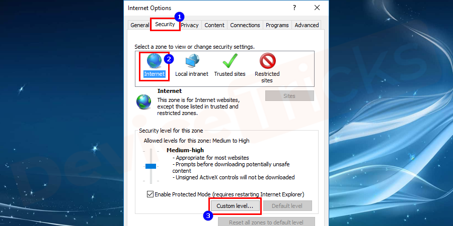 On the same security tab, go to the custom level in security level for this zone as shown in the figure.