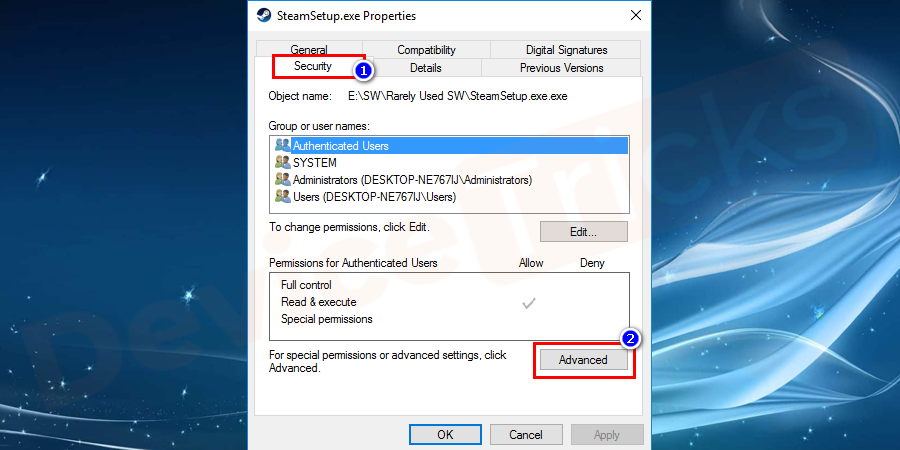 Now select the security tab to access the NTFS permissions and click on the Advanced Button.
