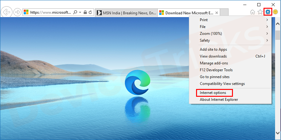 Now again go to the gear icon and select Internet options from the list as shown in the figure.