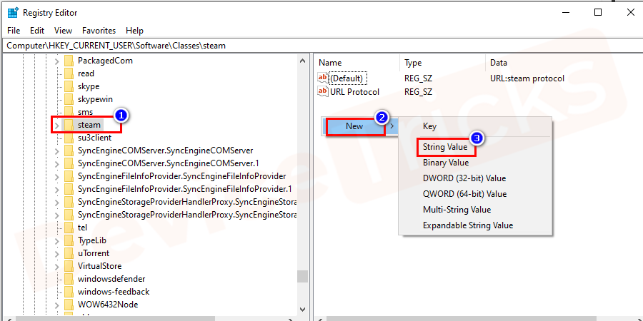 Click edit, go to New and select string value.
