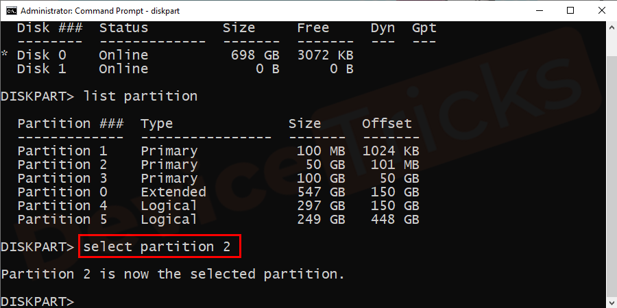 Now, type ‘select partition 2’ in the box and then hit on ‘Enter’ key. Here, 1 denotes the primary partition.